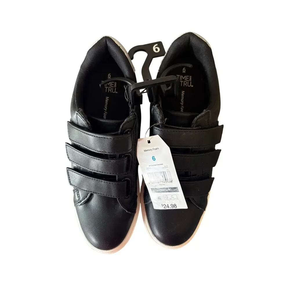 Time and Tru Women’s 3 Strap Memory Foam Sneakers Black Hook Loop Size 6 NWT